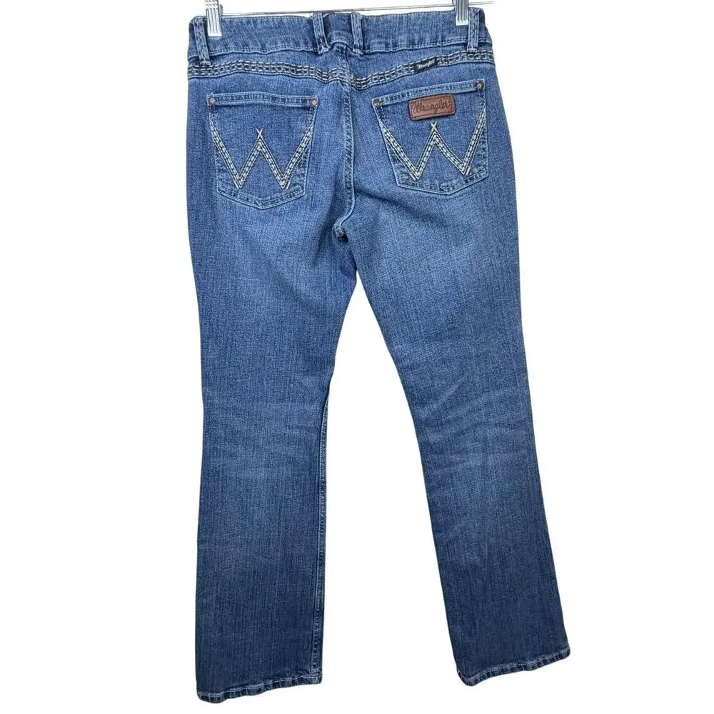 Wrangler Sadie Solid Dark Blue Denim Retro Embroidered Mid Rise Bootcut Jeans